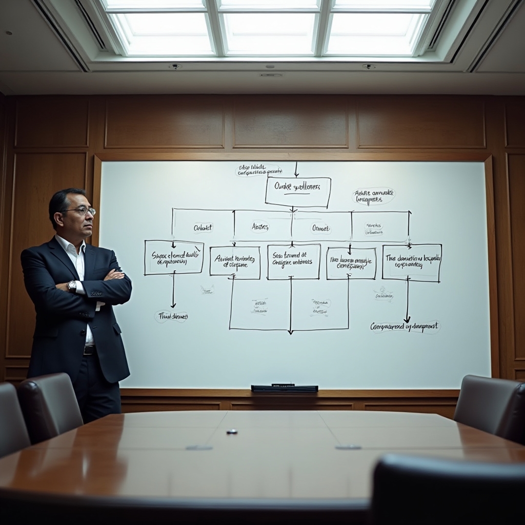 Structured audit methodology diagram on a whiteboard in a professional setting