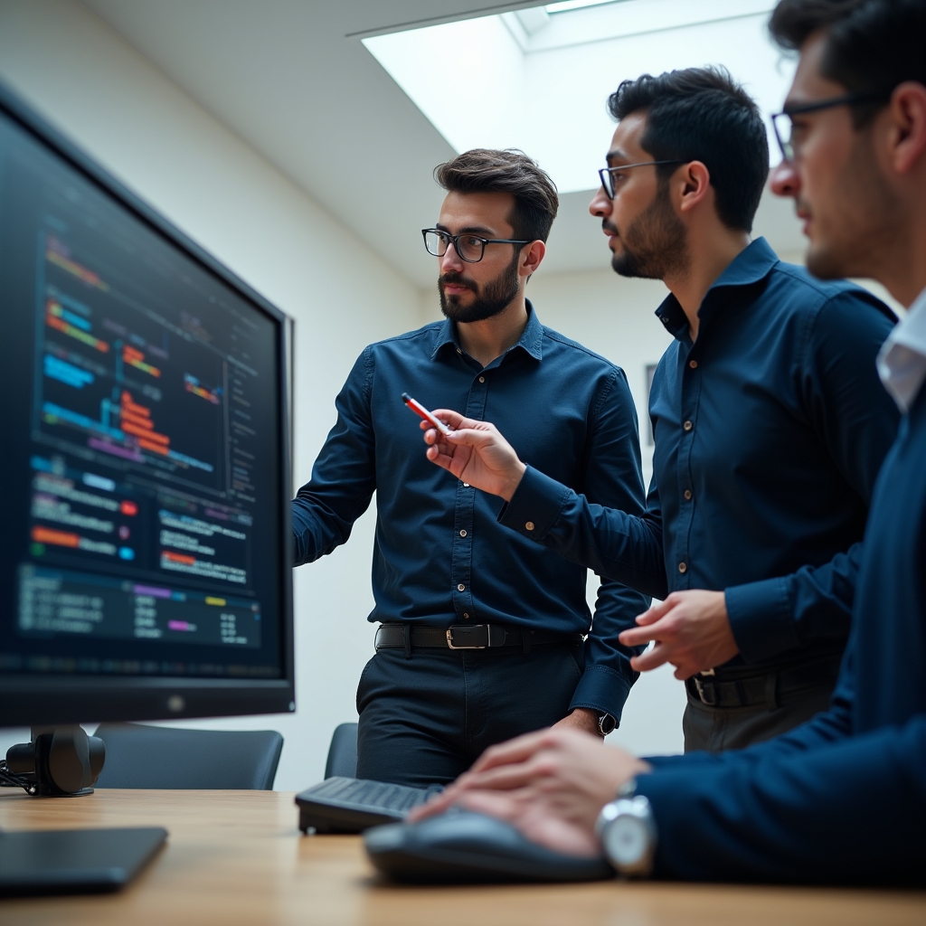 DevOps team reviewing CI/CD pipeline diagrams on large monitors