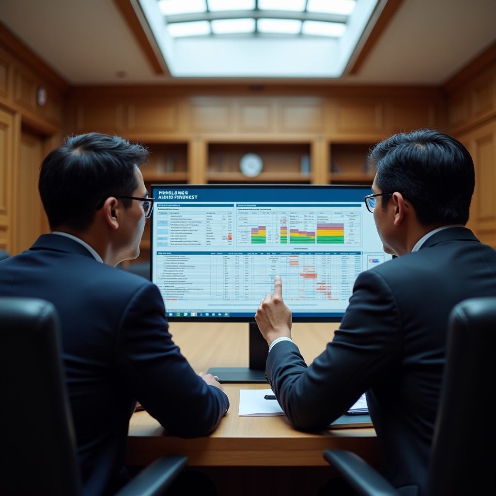Consultant and engineer reviewing pipeline audit findings together at a workstation