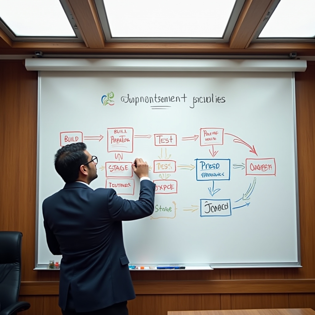 Whiteboard showing deployment flow diagram with bottleneck annotations